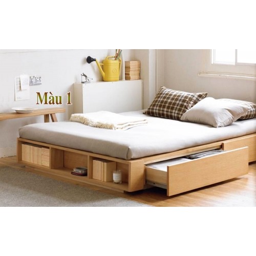 Giường đơn gỗ công nghiệp MDF có 2 ngăn kéo và kệ sách đuôi giường 1m2 x 2m